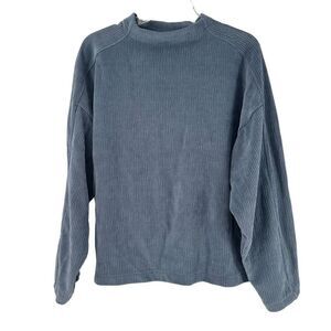 Madewell Top Jacquard Funnel Neck Blue Long Sleeve Size L Wide Sleeves Textured